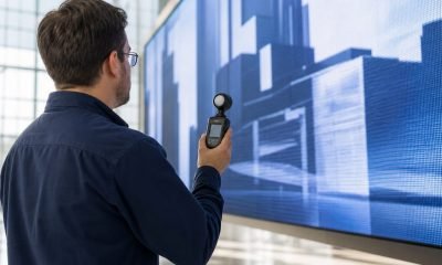 AV engineer measuring brightness on a large commercial LED display