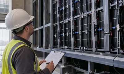 Electrical engineer reviewing power distribution behind a modular LED wall