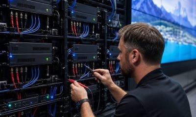 Engineer checking the support structure and cabinet alignment of an LED wall