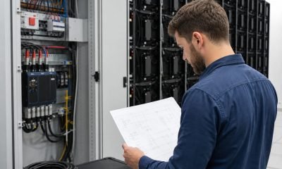 AV engineer testing redundant signal and power paths behind an LED video wall