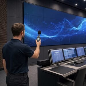 Engineer measuring acoustic noise from an LED wall in a quiet control room