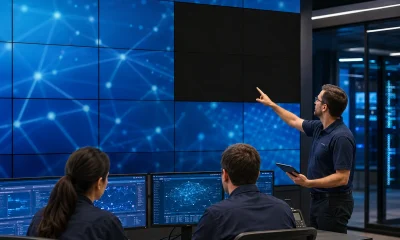 Operations team diagnosing a black cabinet section on a large LED video wall