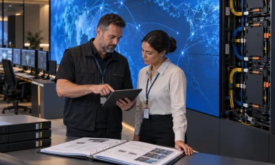 Facilities manager and AV integrator reviewing LED wall handover documents in a control room