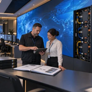 Facilities manager and AV integrator reviewing LED wall handover documents in a control room