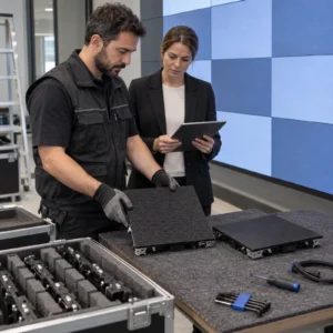 AV technician and facilities manager comparing spare LED modules beside an installed video wall