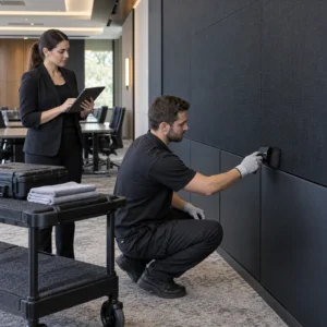 Technician using a soft brush on a powered-off LED wall while a facilities manager records the inspection