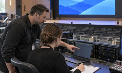 Supervisor and operator reviewing access permissions for an auditorium LED display