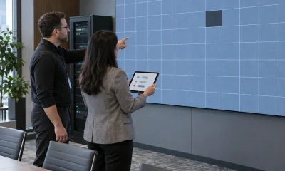 AV engineer and facility manager documenting a localized LED display fault