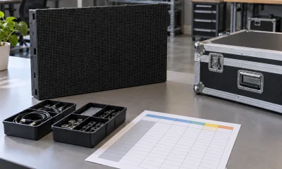 Unpowered LED display module beside spare-parts trays and a blank maintenance budget worksheet