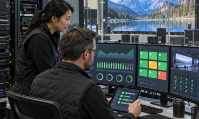 Maintenance managers reviewing LED display service KPIs in an operations room