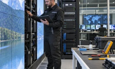 Technician recording an LED display maintenance inspection on a tablet