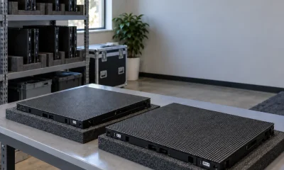 Unpowered LED panels on protective foam with spare panels organized on a service-room shelf
