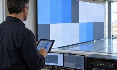 Facilities engineer checking an indoor LED wall with a remote monitoring tablet