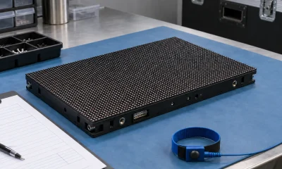 Unpowered LED display module on an anti-static service bench with an inspection sheet and wrist strap
