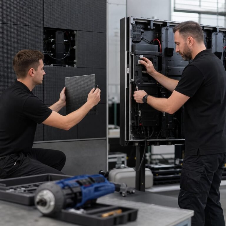 Technicians comparing front and rear service access on LED display cabinets