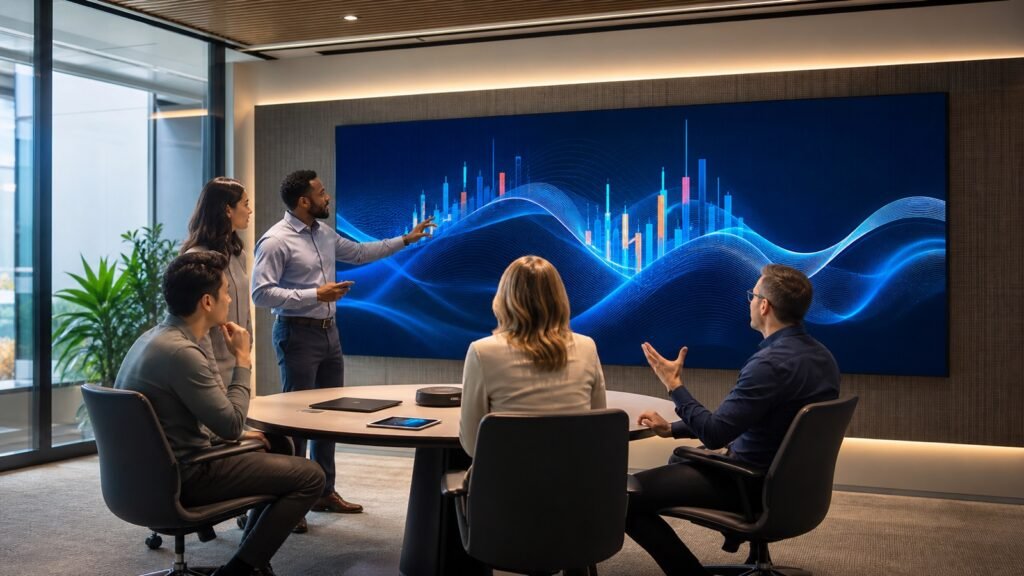 Team collaborating in front of a fine-pitch conference room LED wall