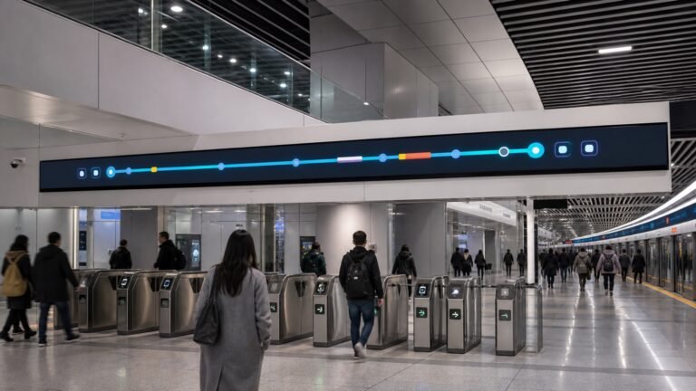 Ultra-wide bar LCD display installed above metro ticket gates