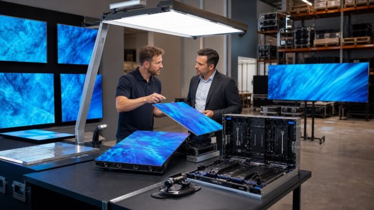 Buyer and technical distributor comparing high-brightness LED display cabinets