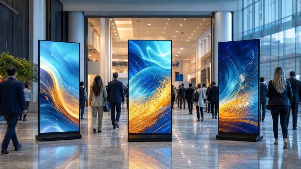 Portable LED poster screens at a modern trade show entrance