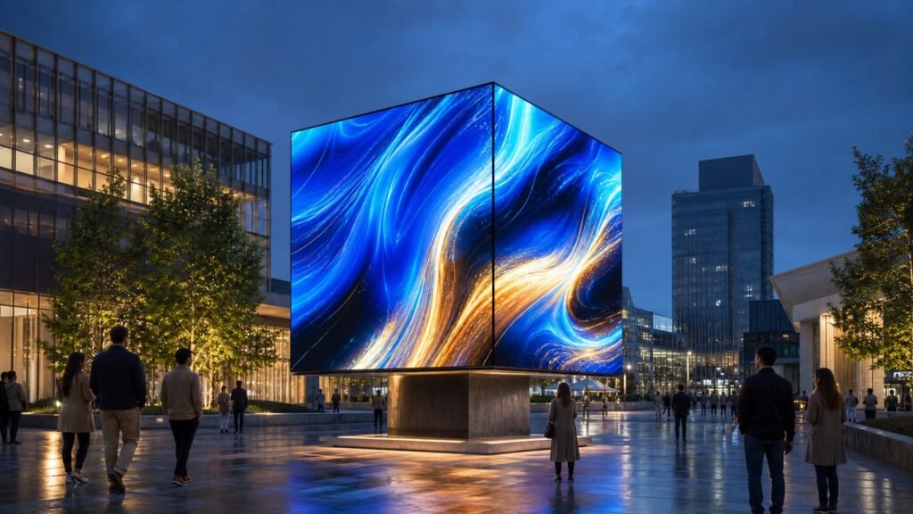 Outdoor cube LED display screen in a modern public plaza
