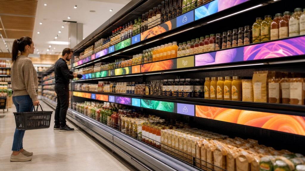 Stretched bar LCD displays integrated along supermarket shelf edges