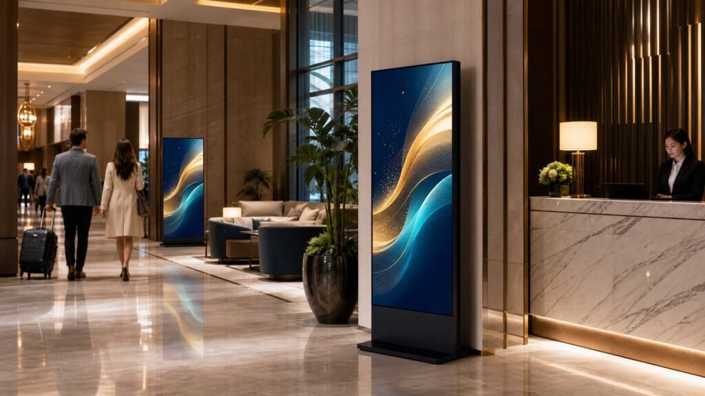 Freestanding LCD poster displays in an upscale hotel lobby