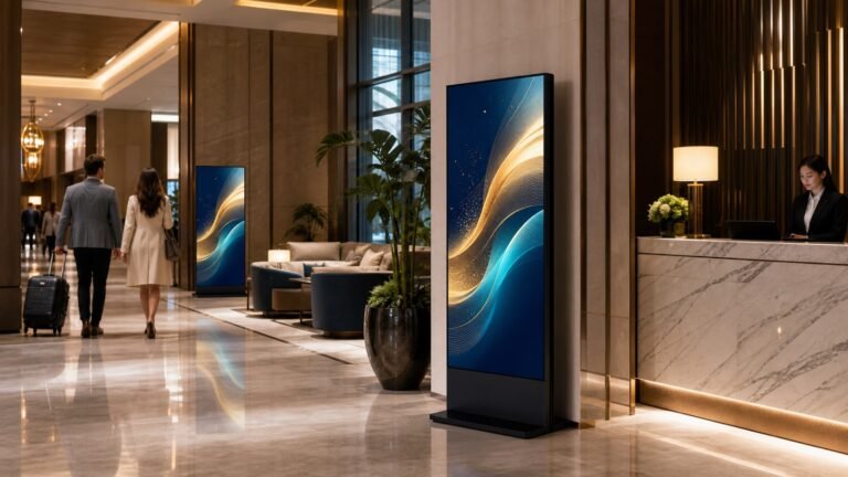 Freestanding LCD poster displays in an upscale hotel lobby