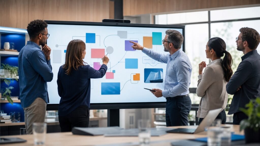 Team collaborating on a large interactive conference room display