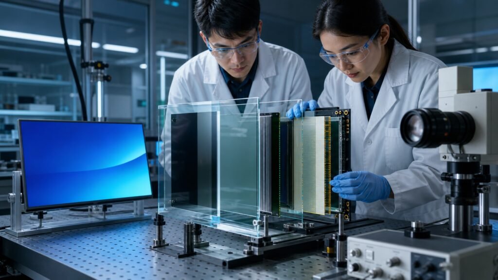 Display engineers researching an exploded LCD panel assembly