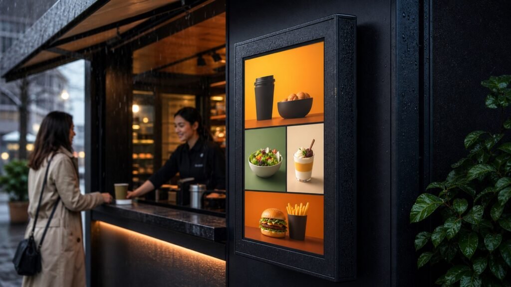 Waterproof digital POS signage operating at an outdoor café in rain