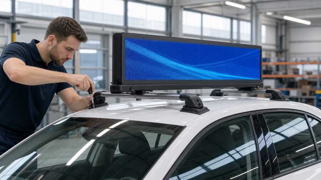 Technician installing an upright taxi top LED display along the vehicle roof