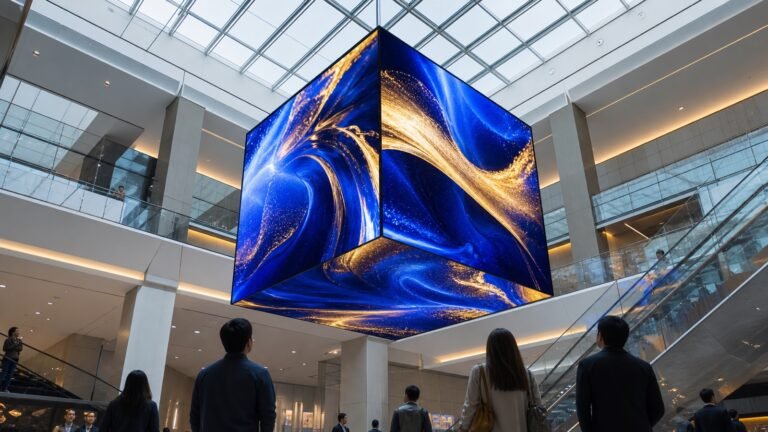 Architectural cube LED display suspended in a modern mall atrium
