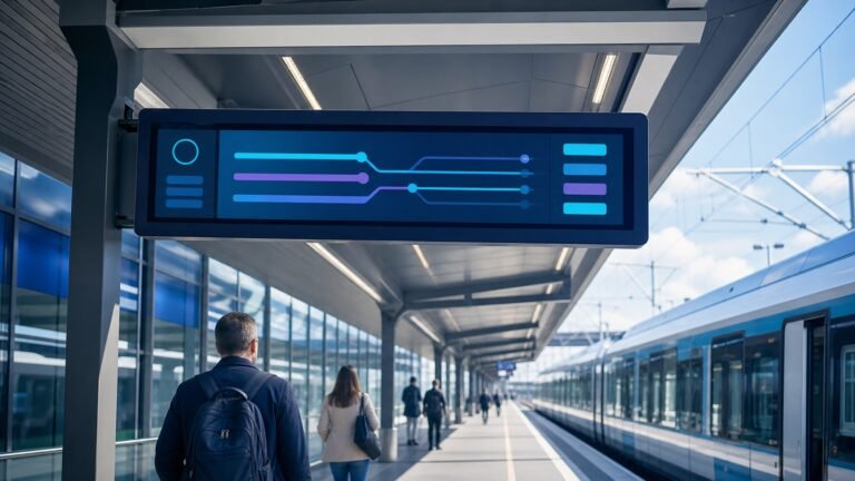 Widescreen TFT passenger information display on a railway platform