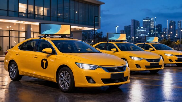 Taxi fleet with upright double-sided rooftop LED displays installed along each vehicle