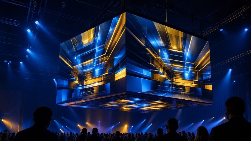Suspended magic cube LED display above a live event audience