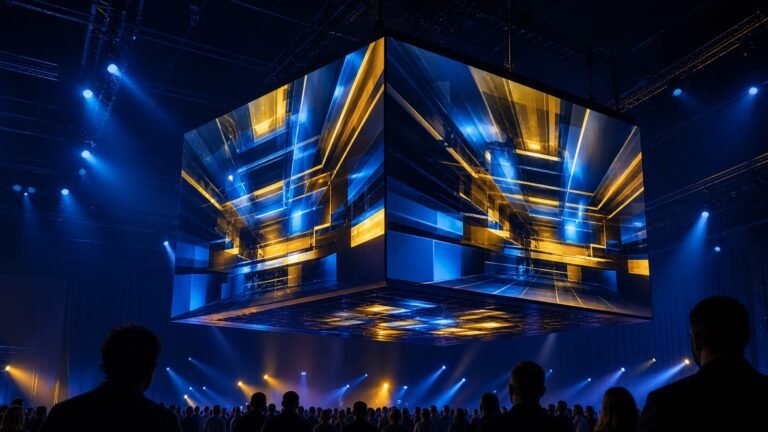 Suspended magic cube LED display above a live event audience
