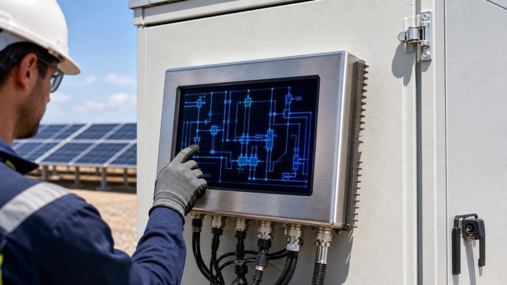 Technician operating a rugged high-brightness panel PC at a solar facility