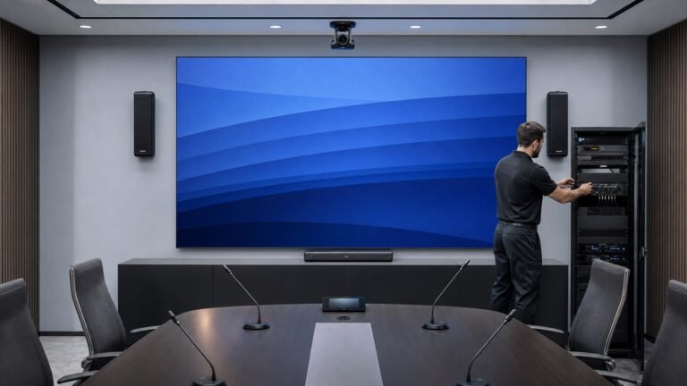 AV integrator commissioning a complete conference display system