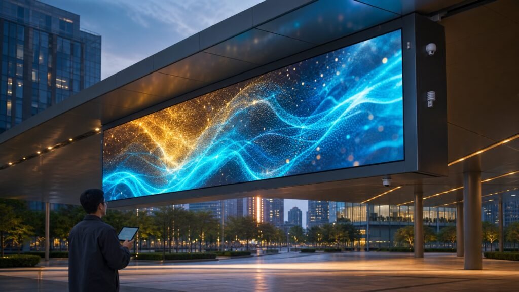 Smart outdoor LED screen with ambient sensors at dusk