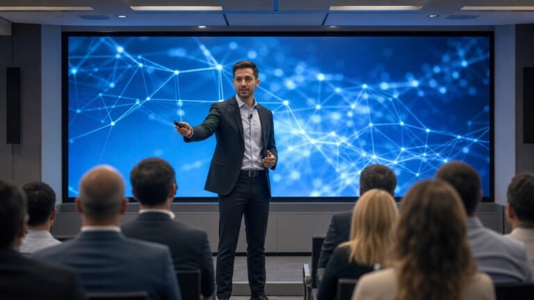 Presenter using a fine-pitch LED display in a training room