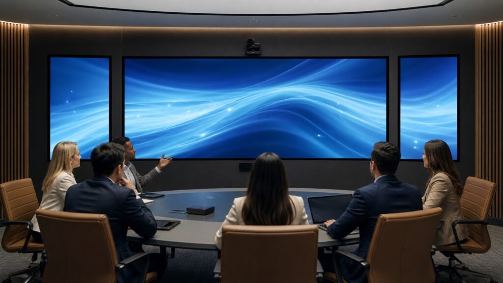 Hybrid collaboration room with an ultra-wide display and side screens