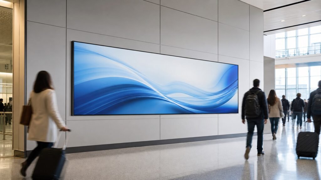 Wide indoor LCD sign integrated into a bright airport concourse