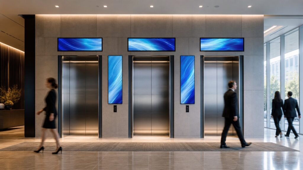 Coordinated digital signage system across a modern elevator bank