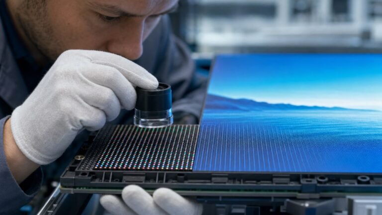 Engineer inspecting the fine pixels of a small-pitch LED module
