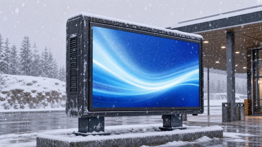 All-weather outdoor digital signage operating during a snowstorm