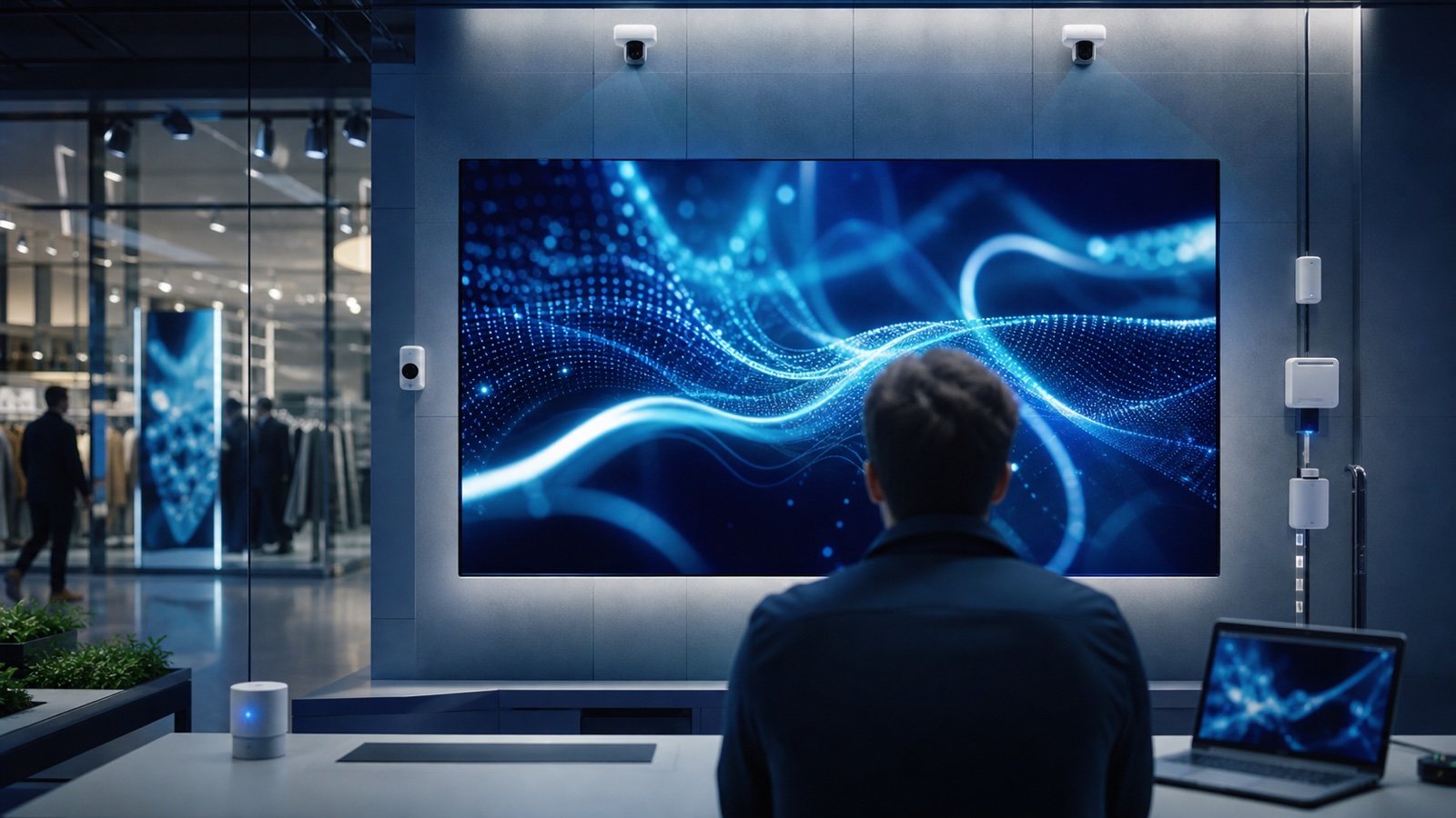 Engineer monitoring an AI-powered digital display with anonymous sensors