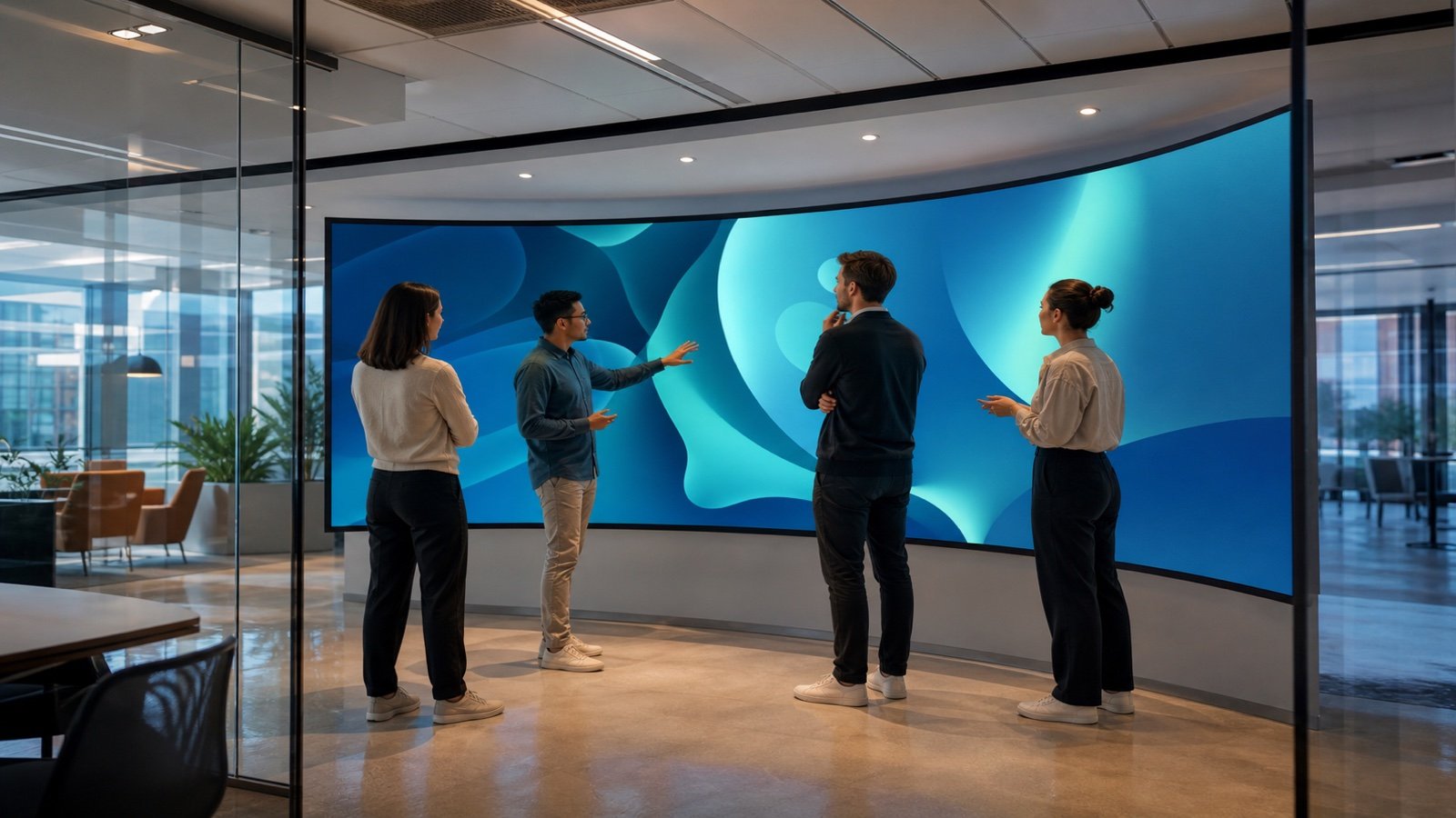 Team collaborating beside a curved LED screen in a meeting space