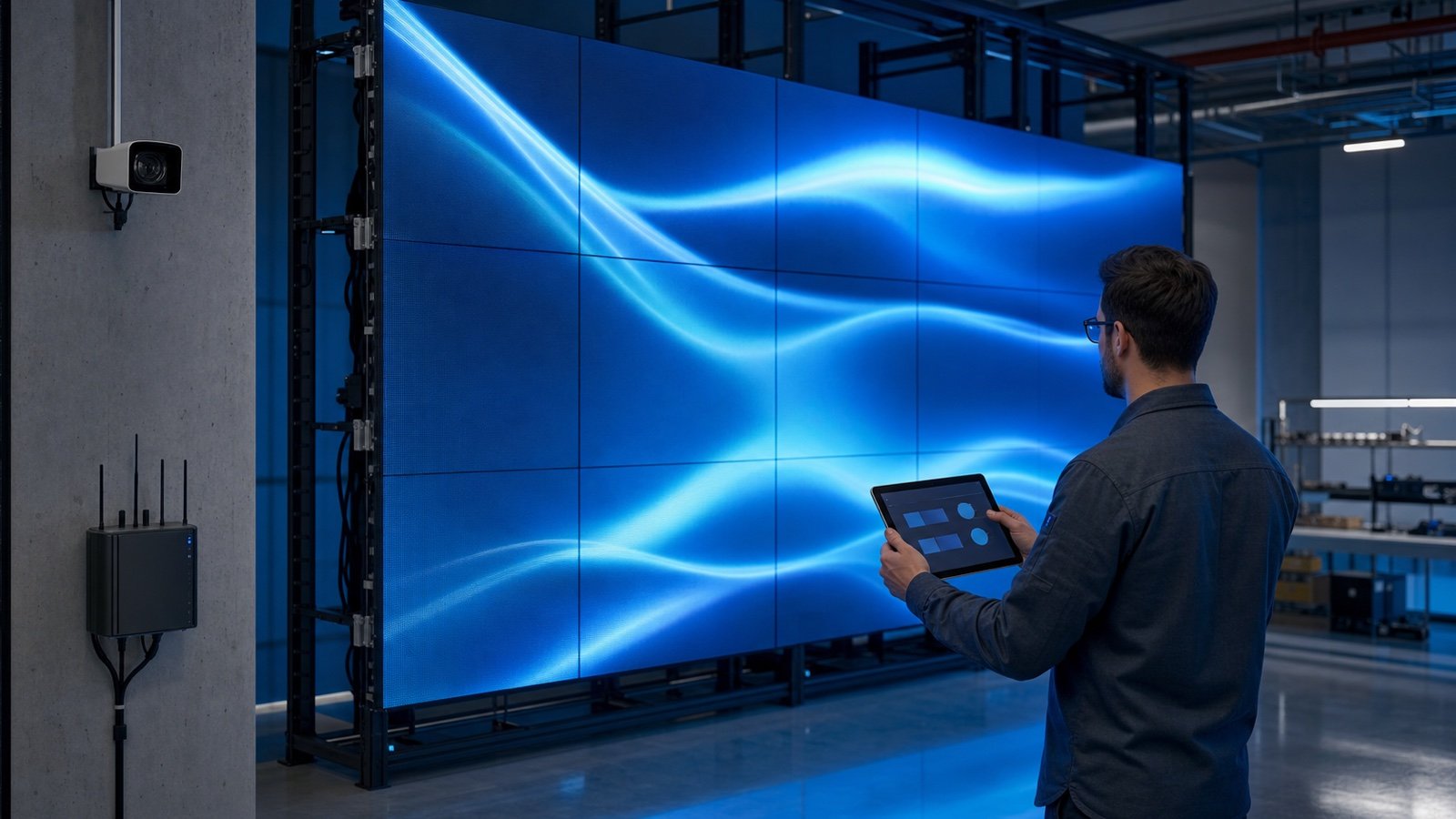 Engineer controlling a smart modular LED screen with a tablet