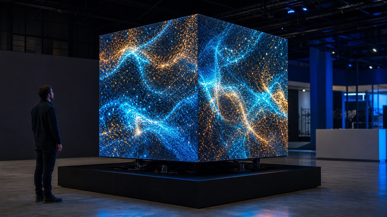 Freestanding cube LED display with coordinated 3D visuals
