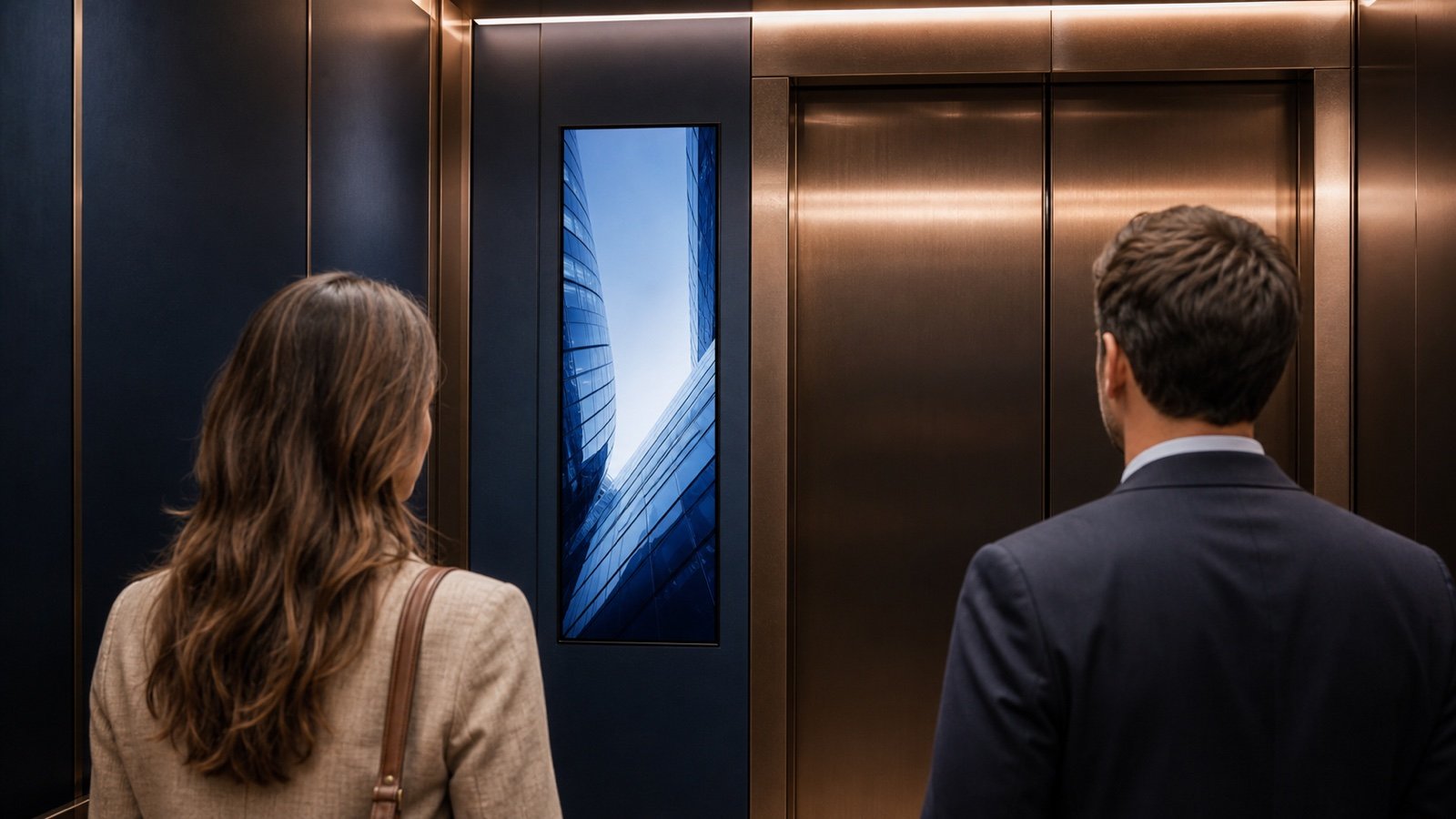 Electronic signage integrated beside an office elevator